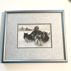ROBERT DUNCAN FRAMED ART PRINTS OF CHILDREN & DOGS PLAYING IN SNOW SET OF 2